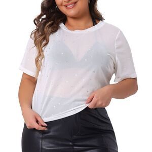 Mesh Top Plus Size Silver Star Print Short Sleeve Sheer Crop Top White